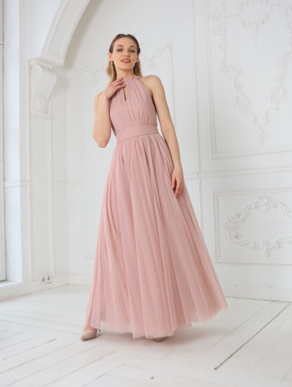 Платье макси с американской проймой из фатина (Нюдово-розовое)  